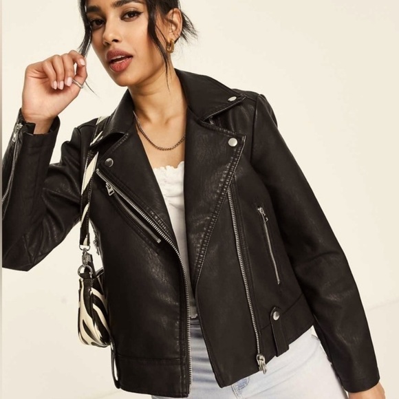 NWT! TopShop Black Faux Leather “Biker Moto” Jacket Size 4 Petite - Picture 3 of 10